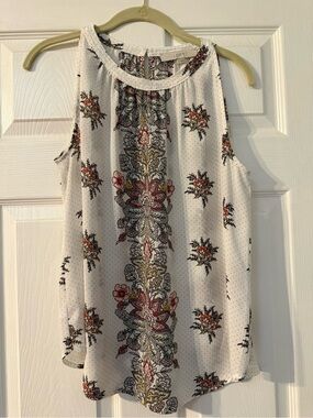 LOFT White Floral Border Print Halter Shell with Multicolor Accents